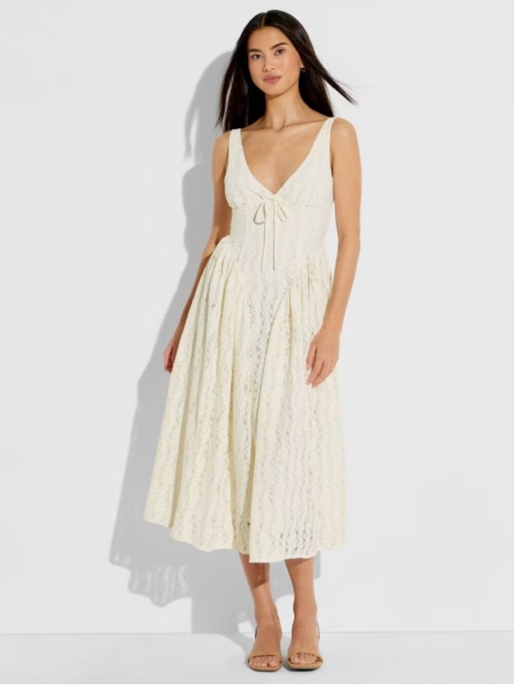 wild fable Cream Lace Maxi Dress with V-Neck